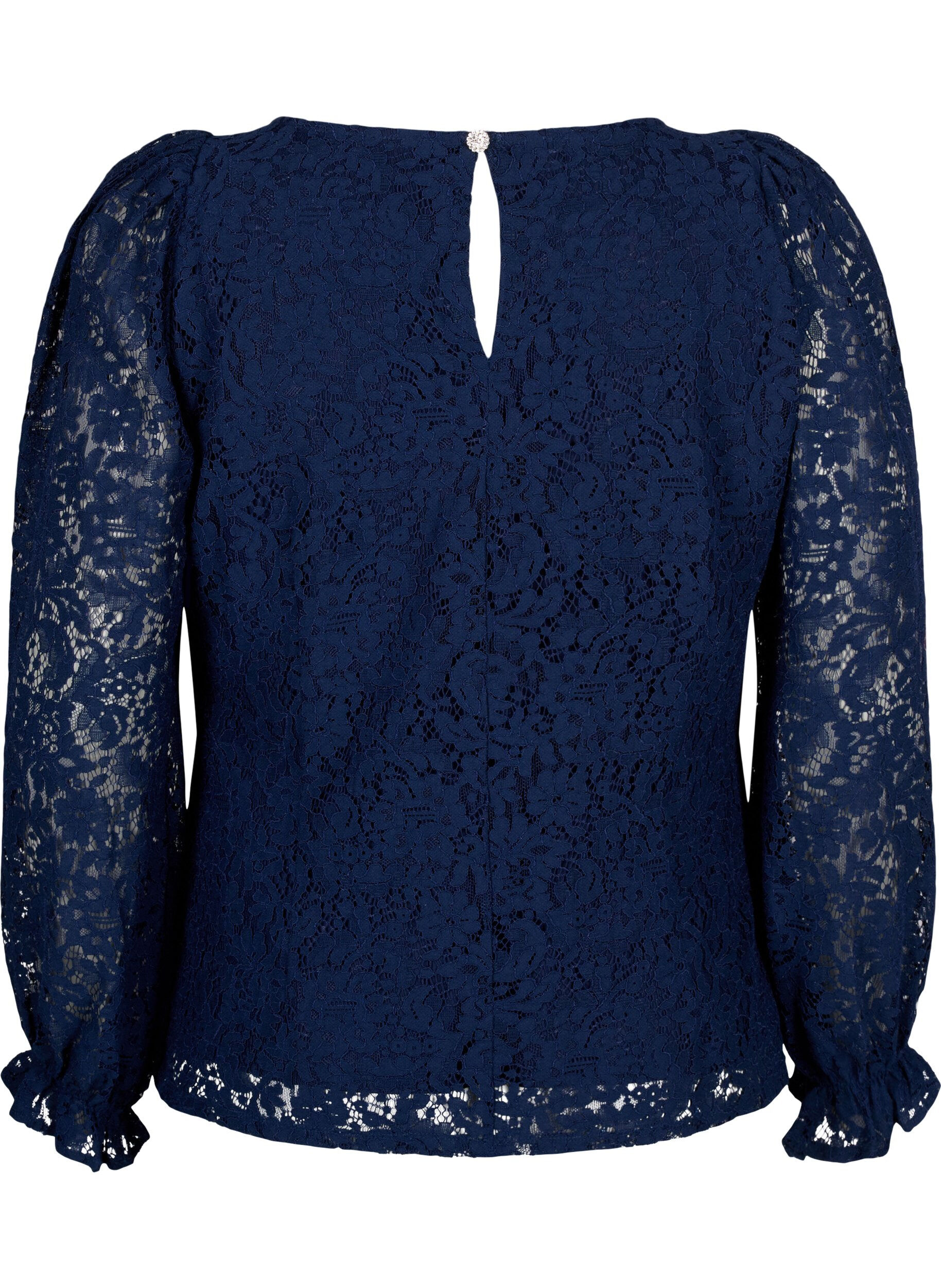 Zizzi Spitzenbluse mit langen &Auml;rmeln, Navy Blazer, Packshot image number 1
