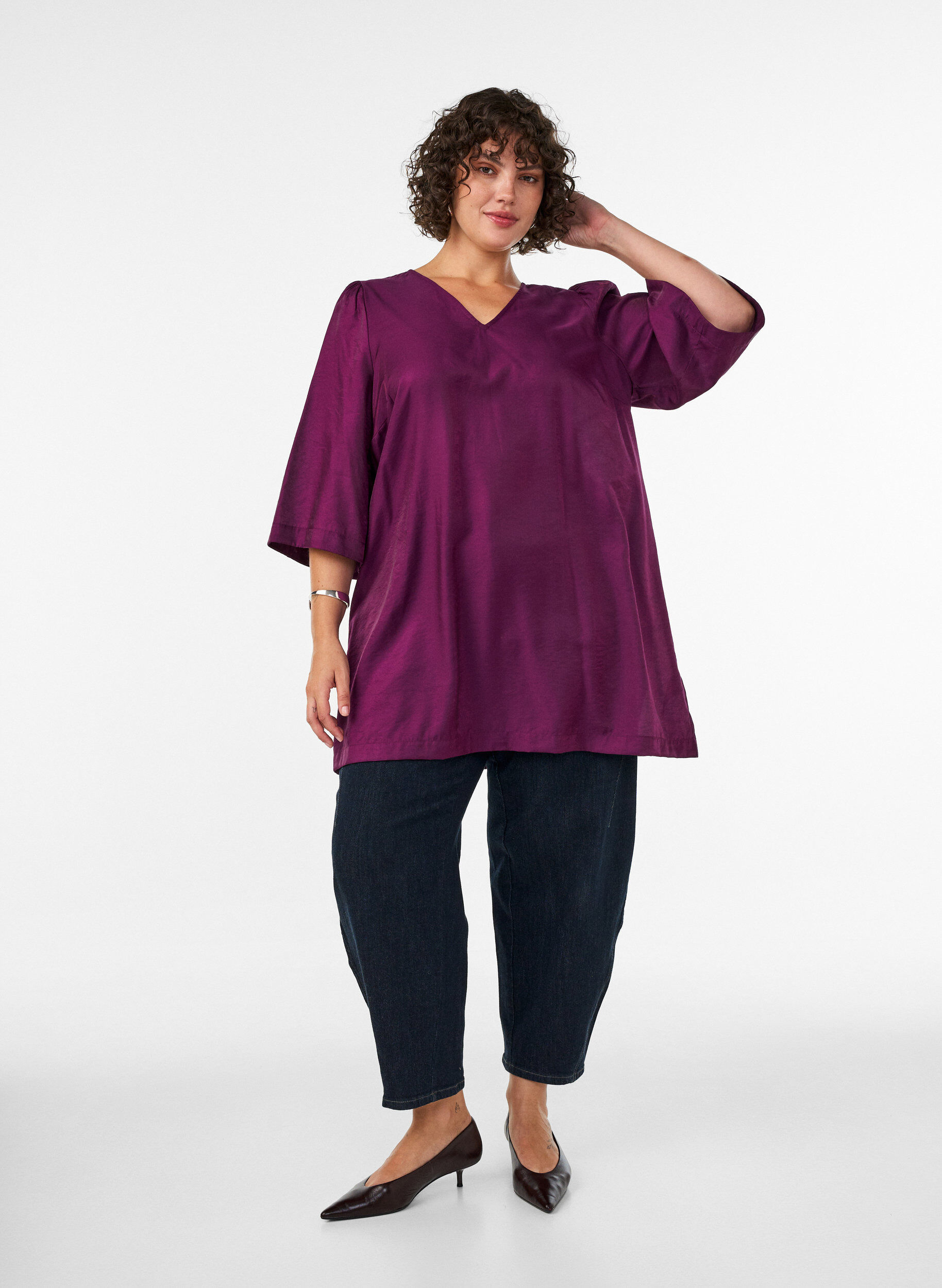 ZizziGl&auml;nzende Tunika mit V-Ausschnitt und 3/4-&Auml;rmeln, Lila, Model image number 1