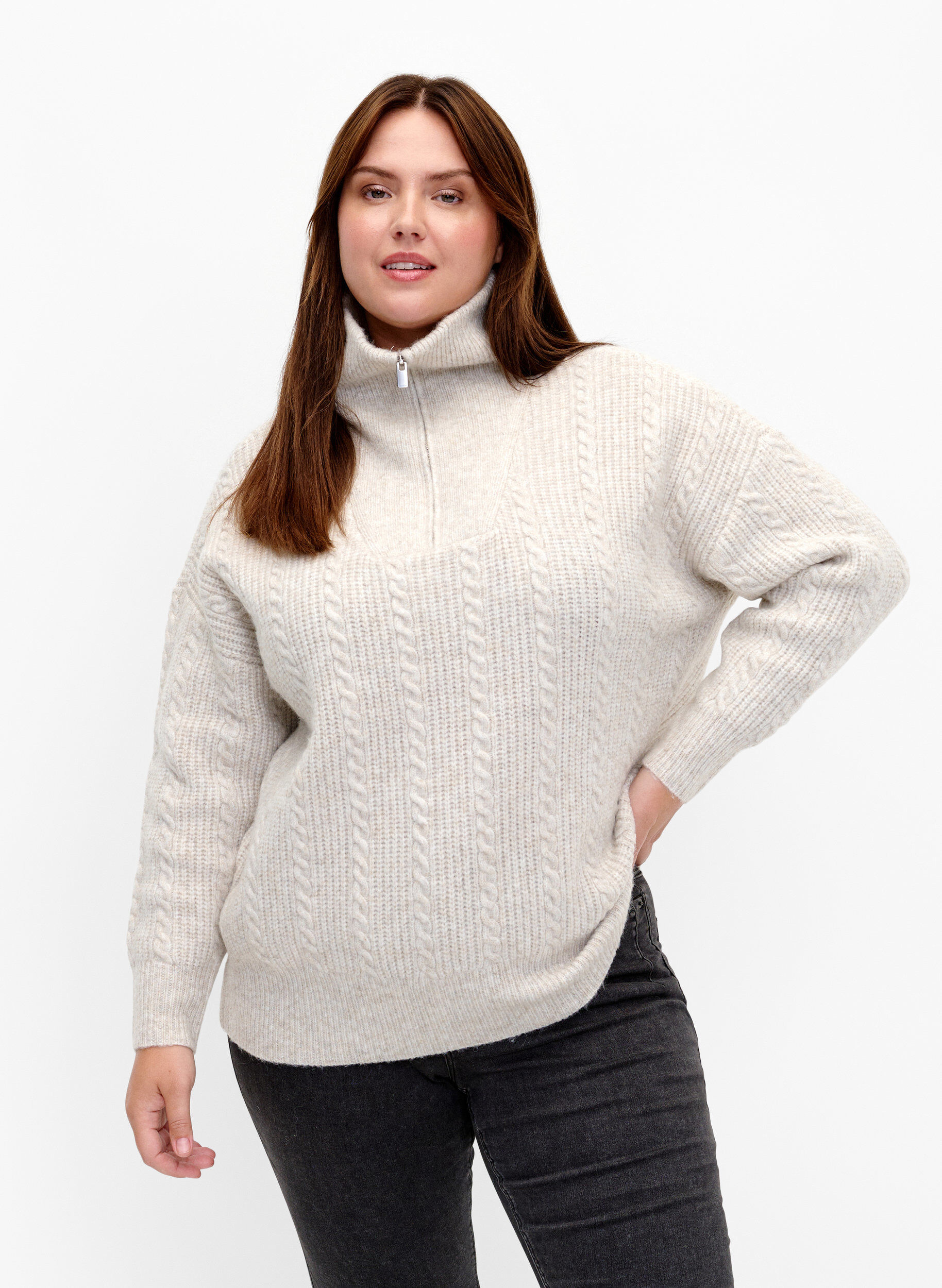 ZizziPullover mit Zopfmuster und Rei&szlig;verschluss, Pumice Stone Mel., Model image number 0