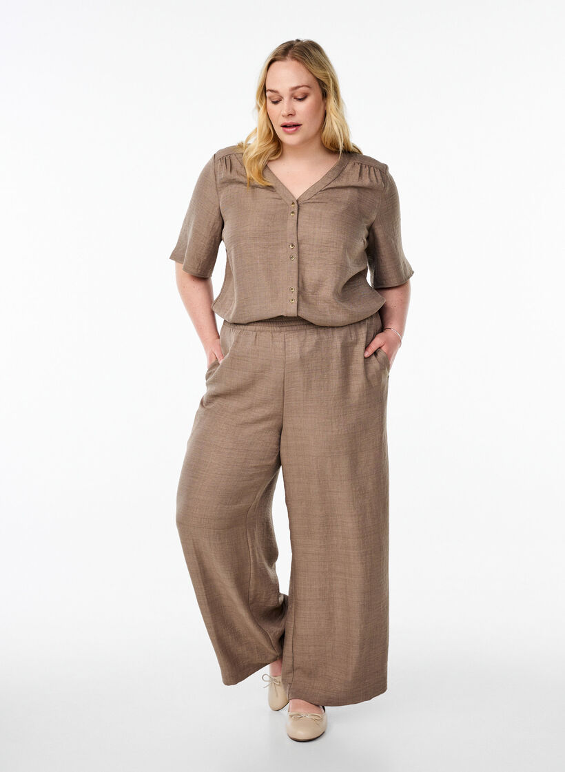 Lockere Hose mit elastischem Bund und Taschen, Braun, Model image number 0