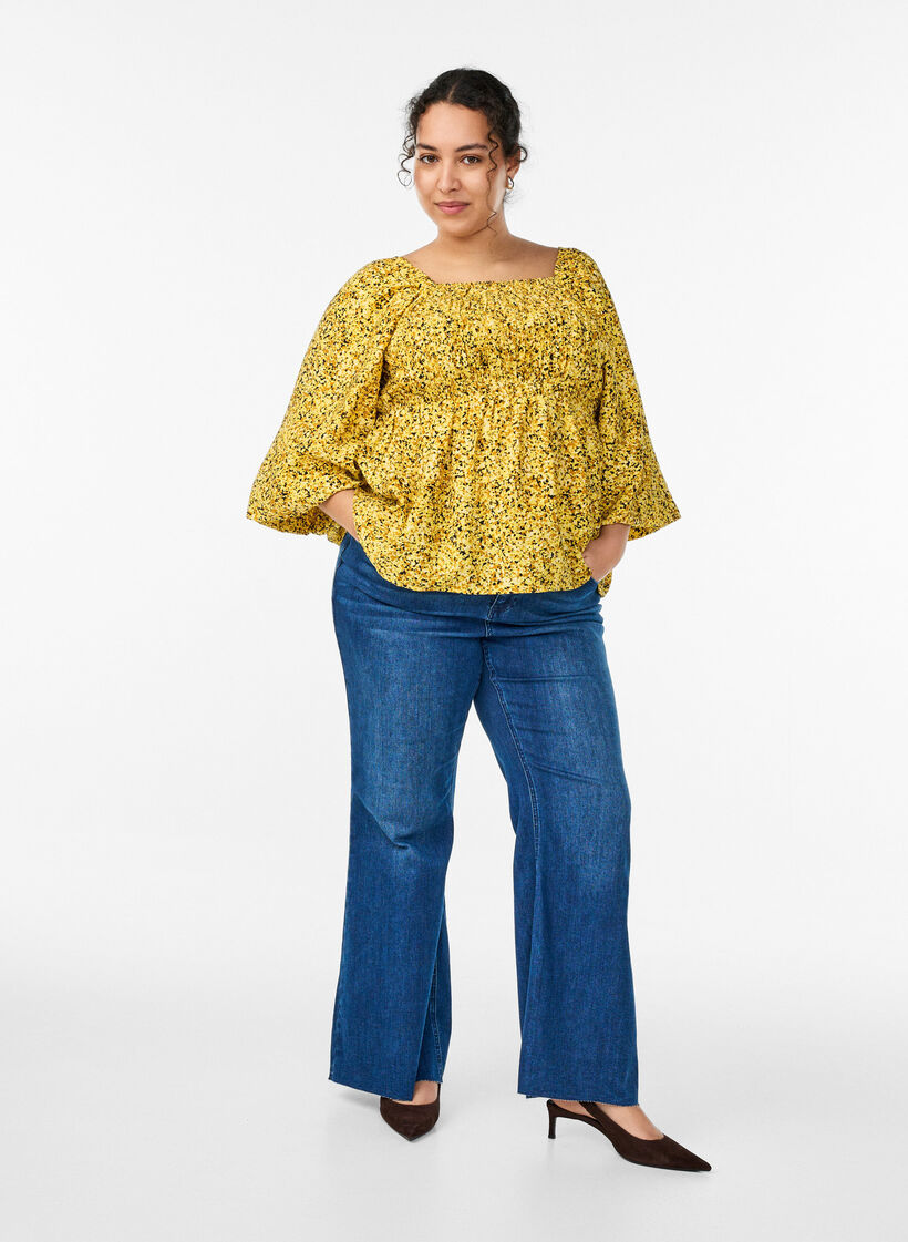 Bluse mit Smock und Karree-Ausschnitt, Gelb, Model image number 1