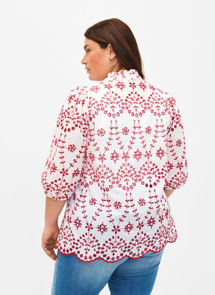 Bluse mit 3/4-Ärmeln und kontrastierender Anglais-Stickerei, White w. Red, Model image number 1