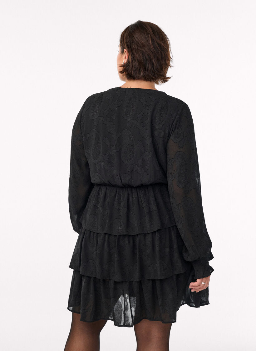 Kurzes Kleid mit R&uuml;schen und Strukturmuster, Schwarz, Model image number 2