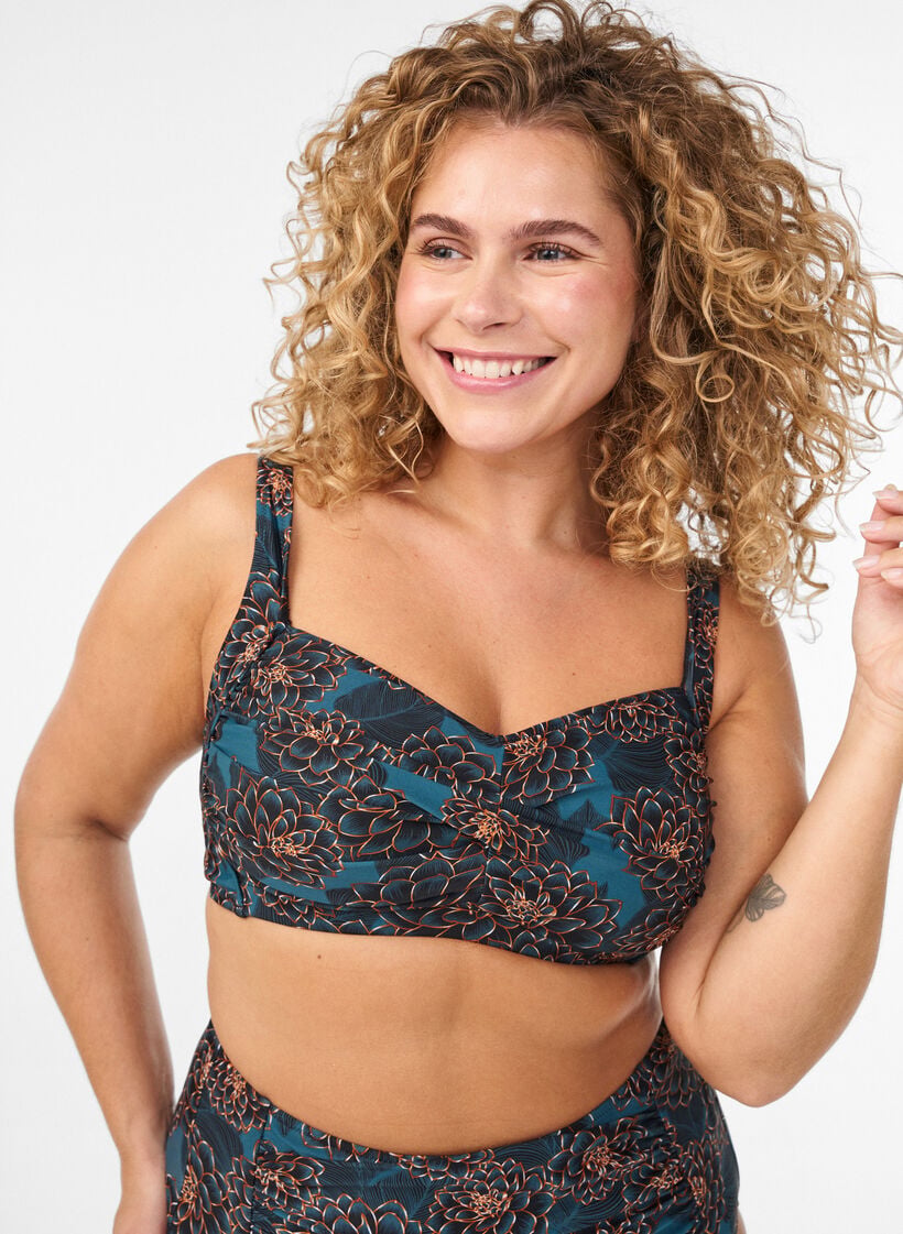 Wattierter Bikini-Oberteil mit Print, Petrol, Model image number 0