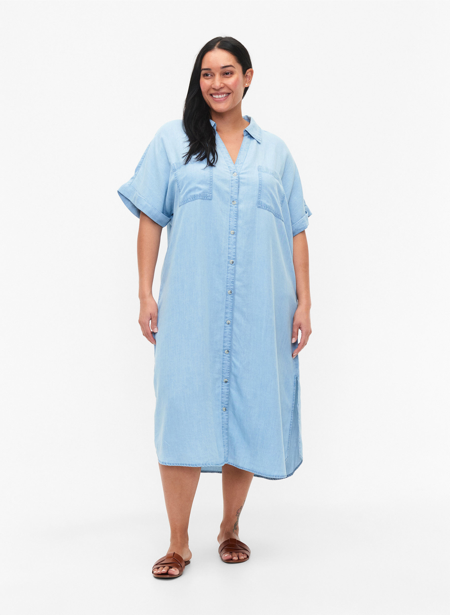 ZizziKurzarm-Shirtkleid aus Lyocell (TENCEL&trade;), Light blue denim, Model image number 0