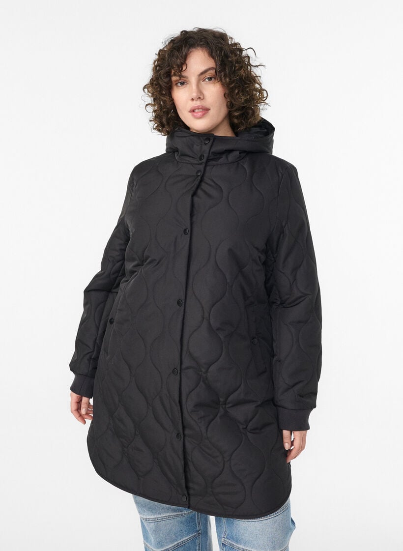 Mittellange Steppjacke mit Kapuze, Schwarz, Model image number 0