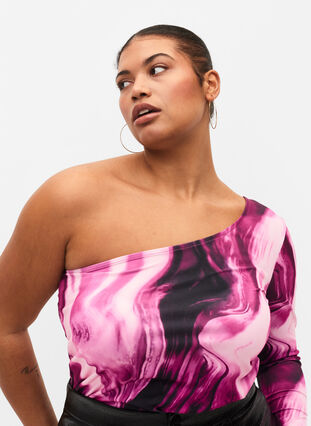 One-Shoulder Bluse mit Print, Raspberry Rose AOP, Model image number 2
