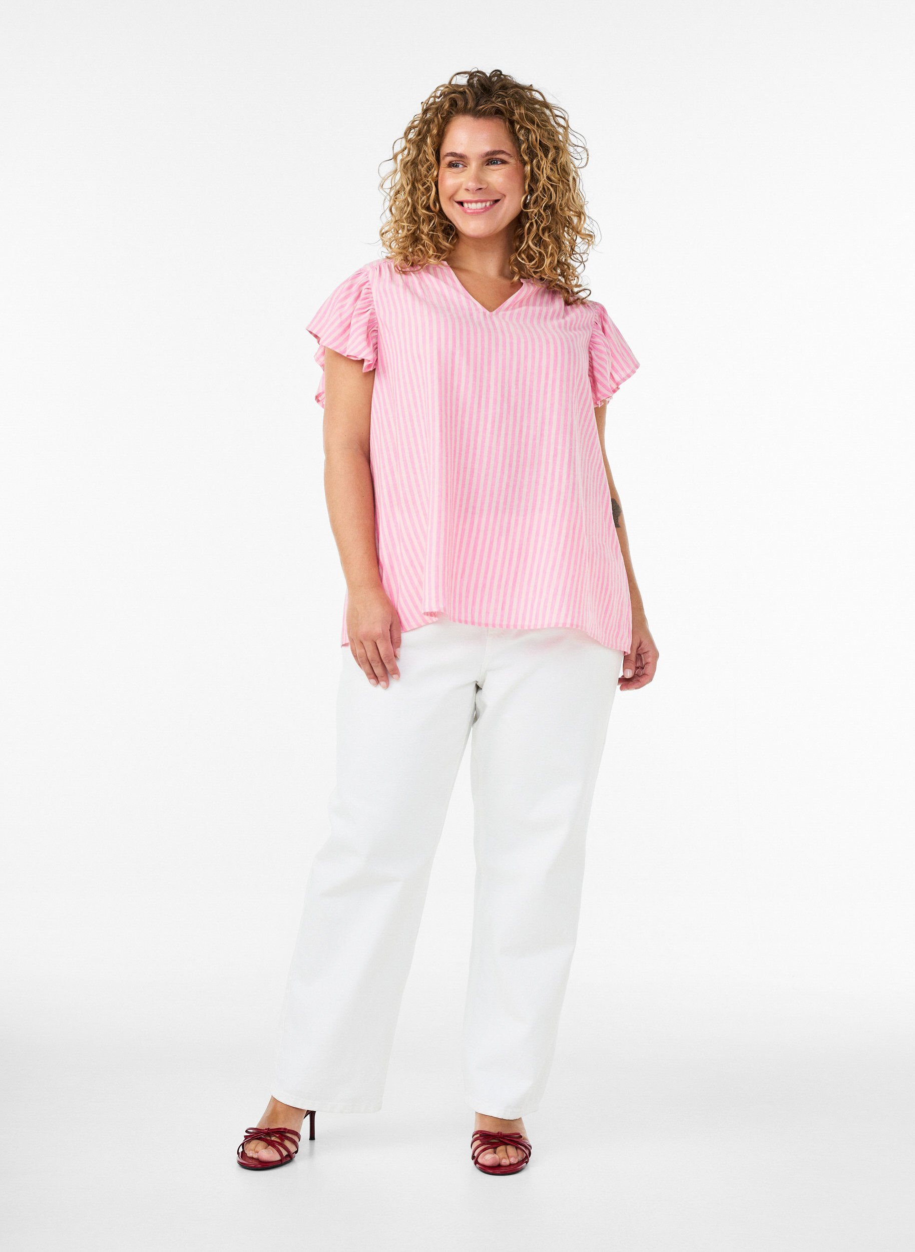 ZizziBluse aus Viskose und Leinen mit R&uuml;schen&auml;rmeln, Pink, Model image number 1