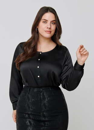 Langarm Bluse mit femininen Knöpfen, Black, Model image number 0
