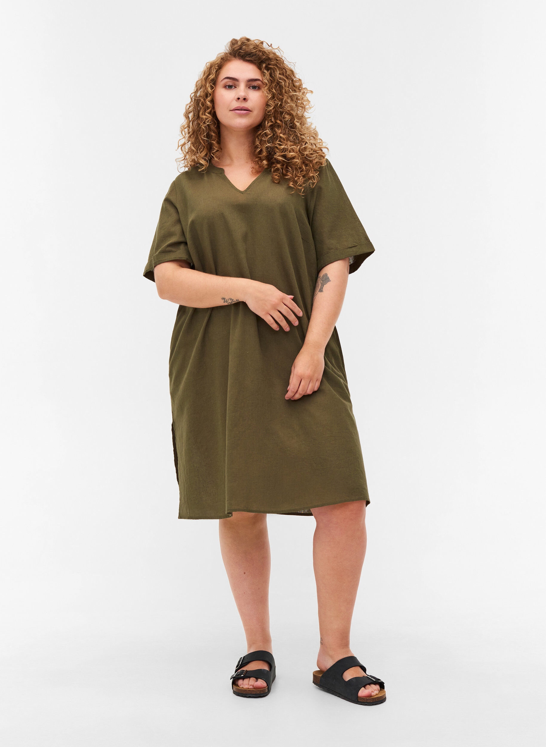 ZizziKurzarm Kleid aus Baumwollmischung mit Leinen, Ivy Green, Model image number 2