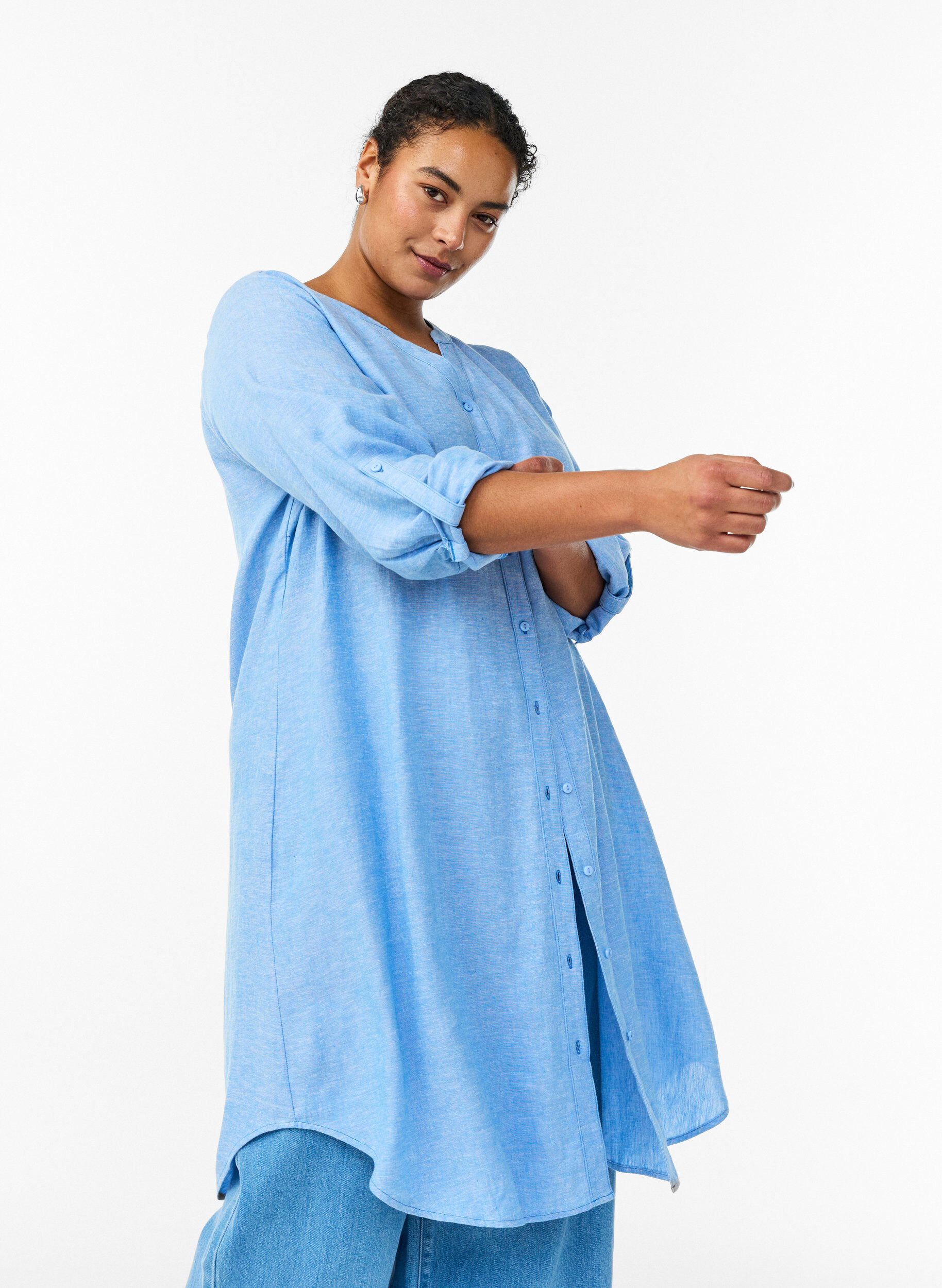 ZizziLange Bluse aus Leinen und Viskose, Blau, Model image number 3