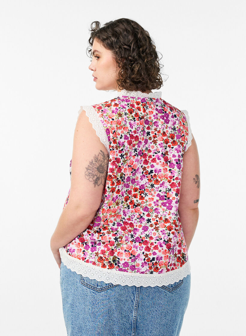 &Auml;rmellose Bluse aus Baumwolle mit Blumenprint und Broderie Anglaise, Pink, Model image number 2