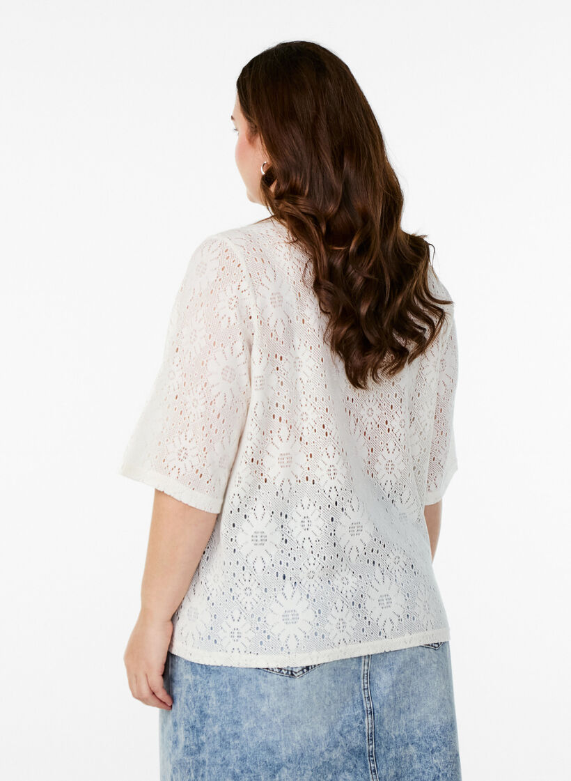 Bluse mit Lochmuster und kurzen Ärmeln, Beige, Model image number 2