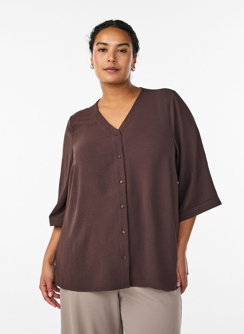 Bluse mit V-Ausschnitt und 3/4-&Auml;rmeln, Braun, Model image number 0