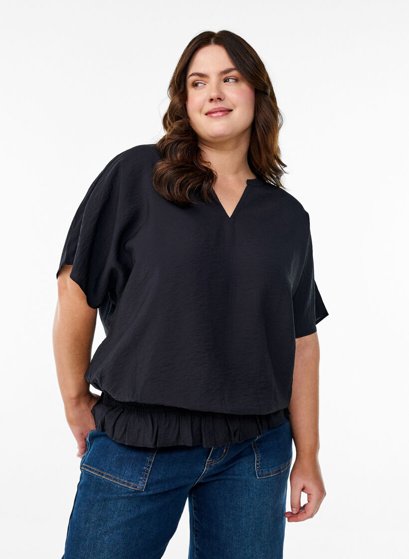 Bluse mit kurzen Ärmeln und einem gerüschten Saum, Schwarz, Model image number 0