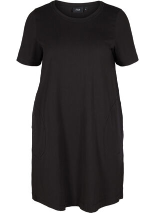 Kurzarm Kleid aus Baumwolle mit Taschen, Solid Black, Packshot image number 0