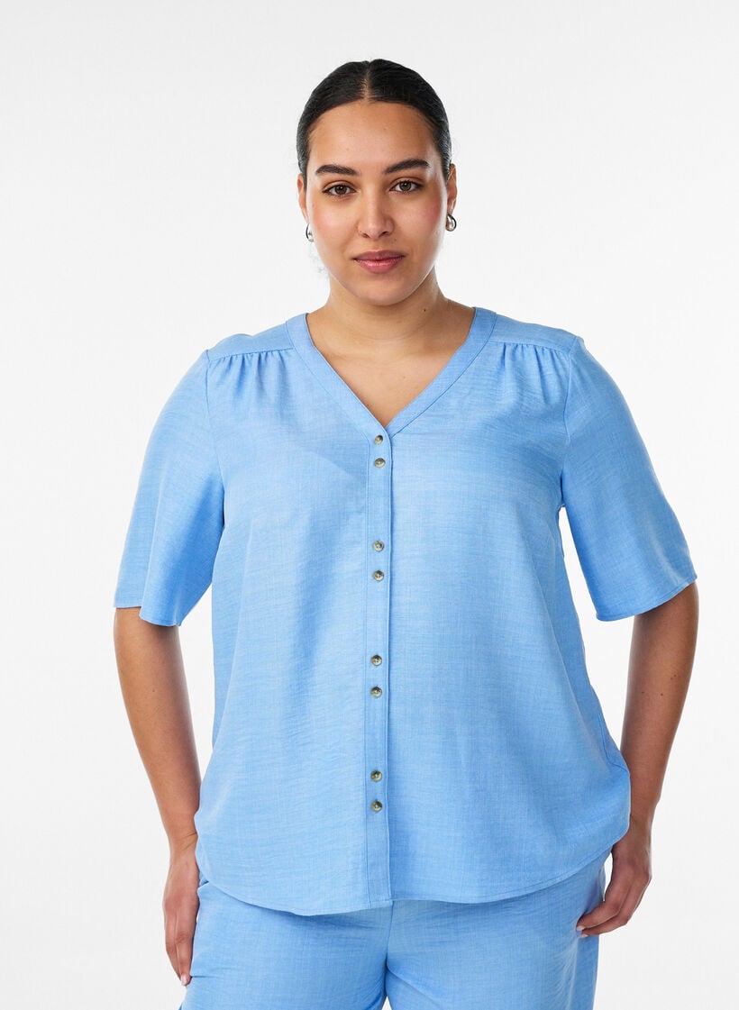 Hemdbluse mit V-Ausschnitt und kurzen &Auml;rmeln, Blau, Model image number 0