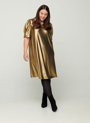 Kleid mit kurzen Puffärmeln und A-Linie, Gold, Model image number 2