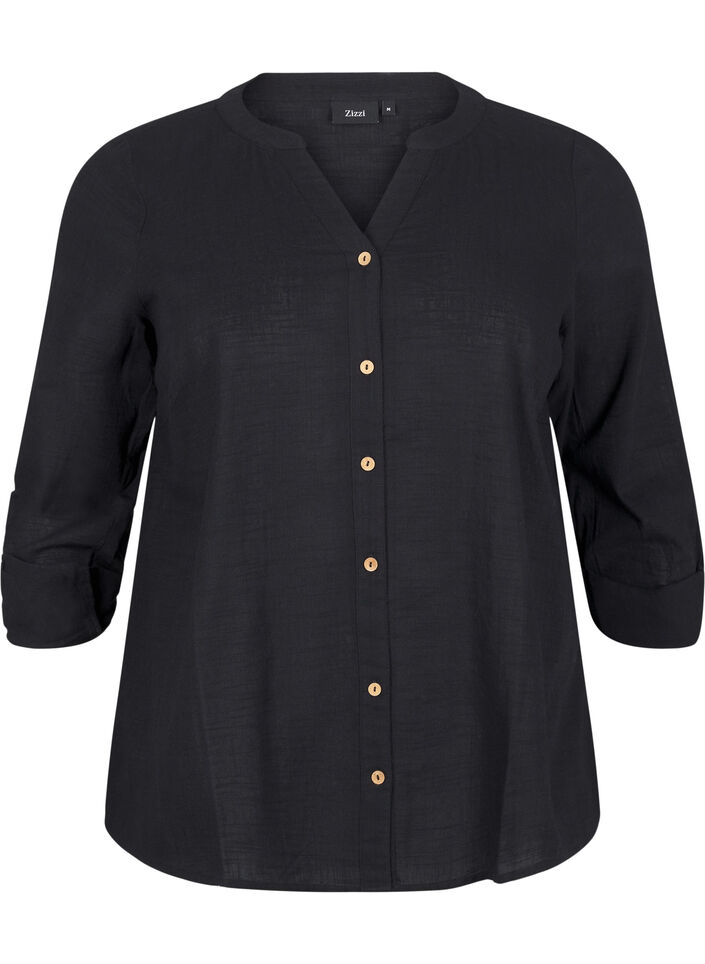 Baumwollbluse mit V-Ausschnitt, Schwarz, Packshot image number 0