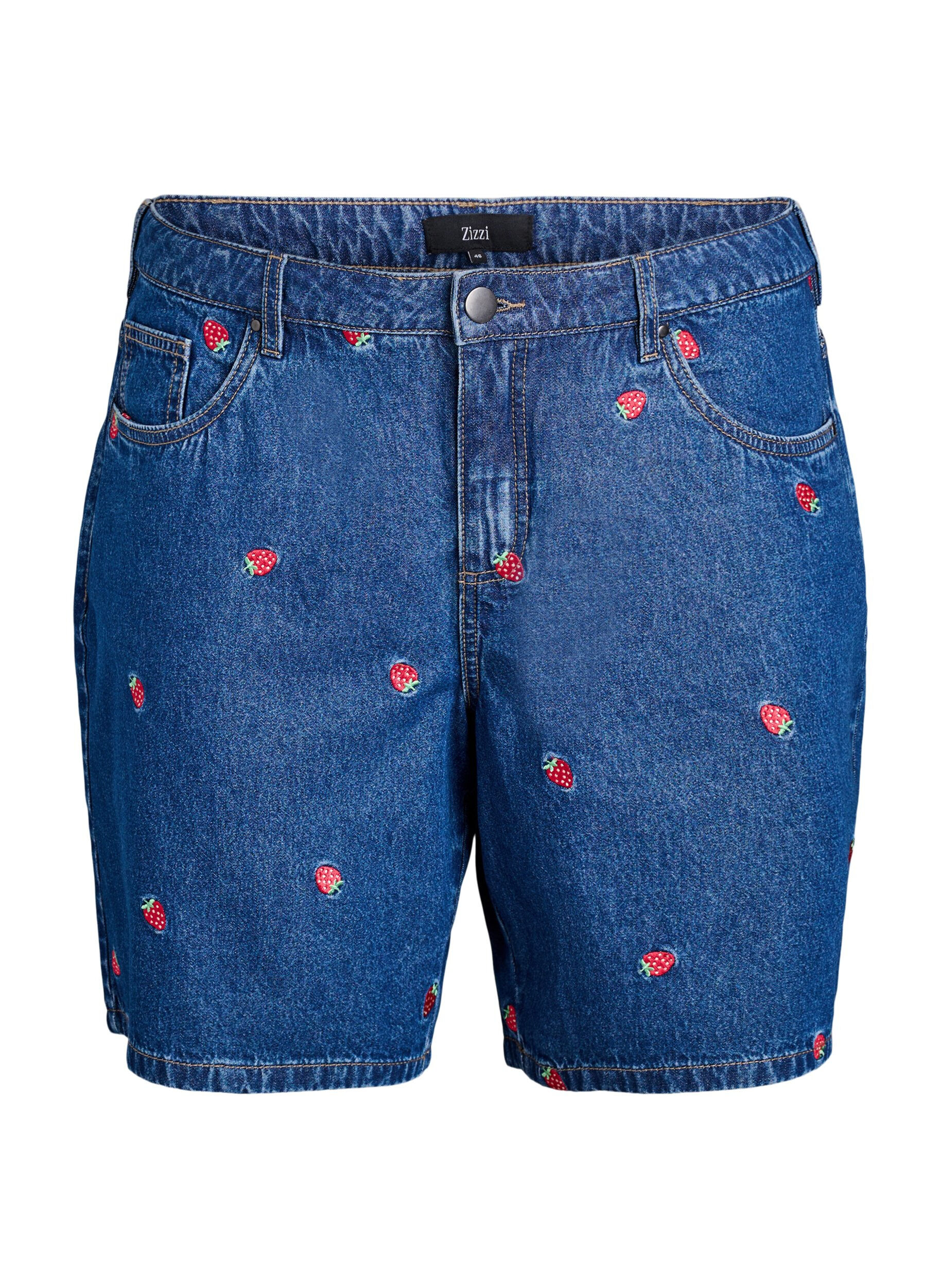 Denim-Shorts mit gesticktem Erdbeermotiv