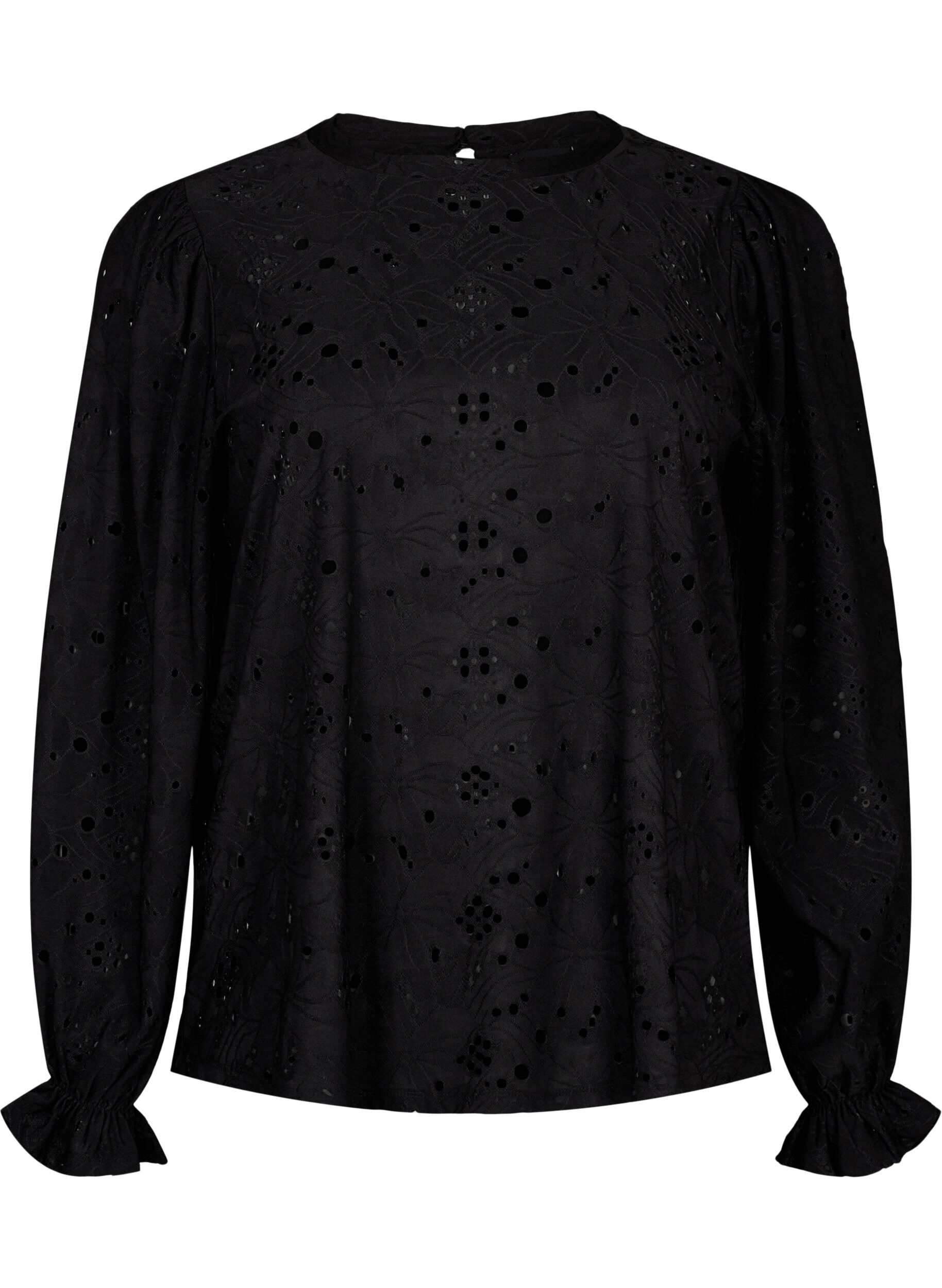 Zizzi Lang&auml;rmlige Bluse mit Lochmuster, Black, Packshot image number 0