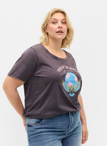 Kurzarm T-Shirt aus Baumwolle mit Print, Dark Grey Wash, Model image number 0
