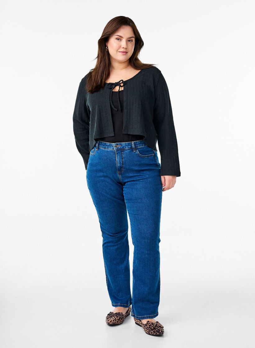 Strickjacke aus Jersey mit Struktur und Bindedetail vorne, Schwarz, Model image number 1