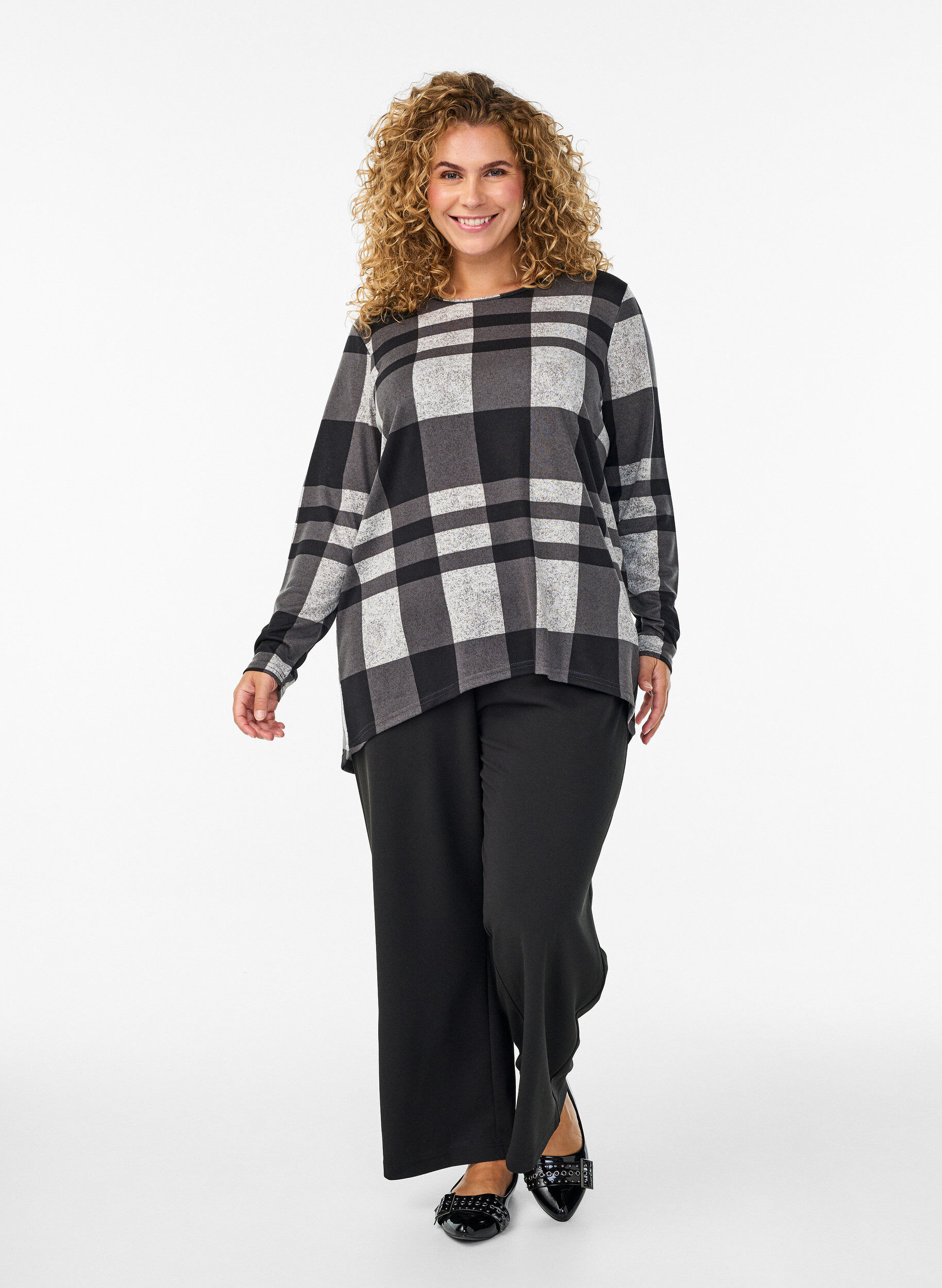 ZizziGemusterte Bluse mit langen &Auml;rmeln, Grau, Model image number 1