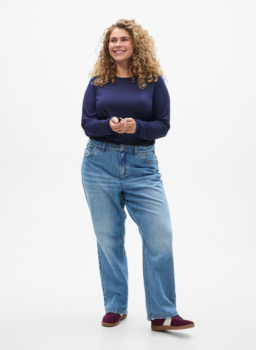 Einfarbige Bluse mit langen Ärmeln, Blau, Model image number 1