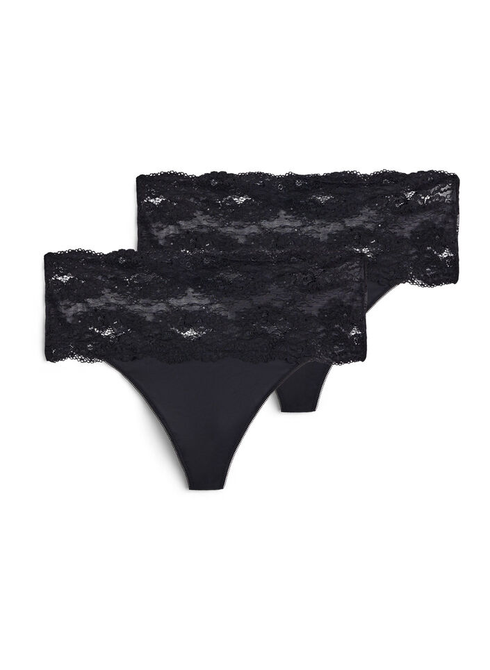 2er-Pack Tanga mit breitem Spitzenrand, Schwarz, Packshot image number 0