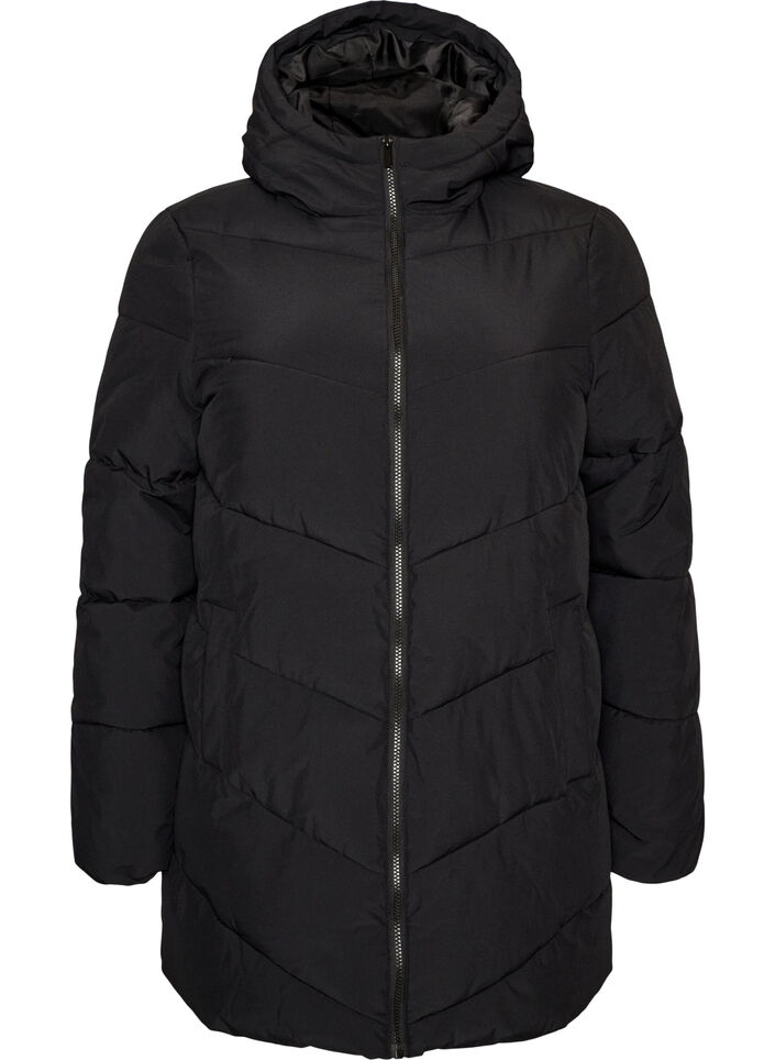 Mittellange Steppjacke mit Kapuze, Schwarz, Packshot image number 0