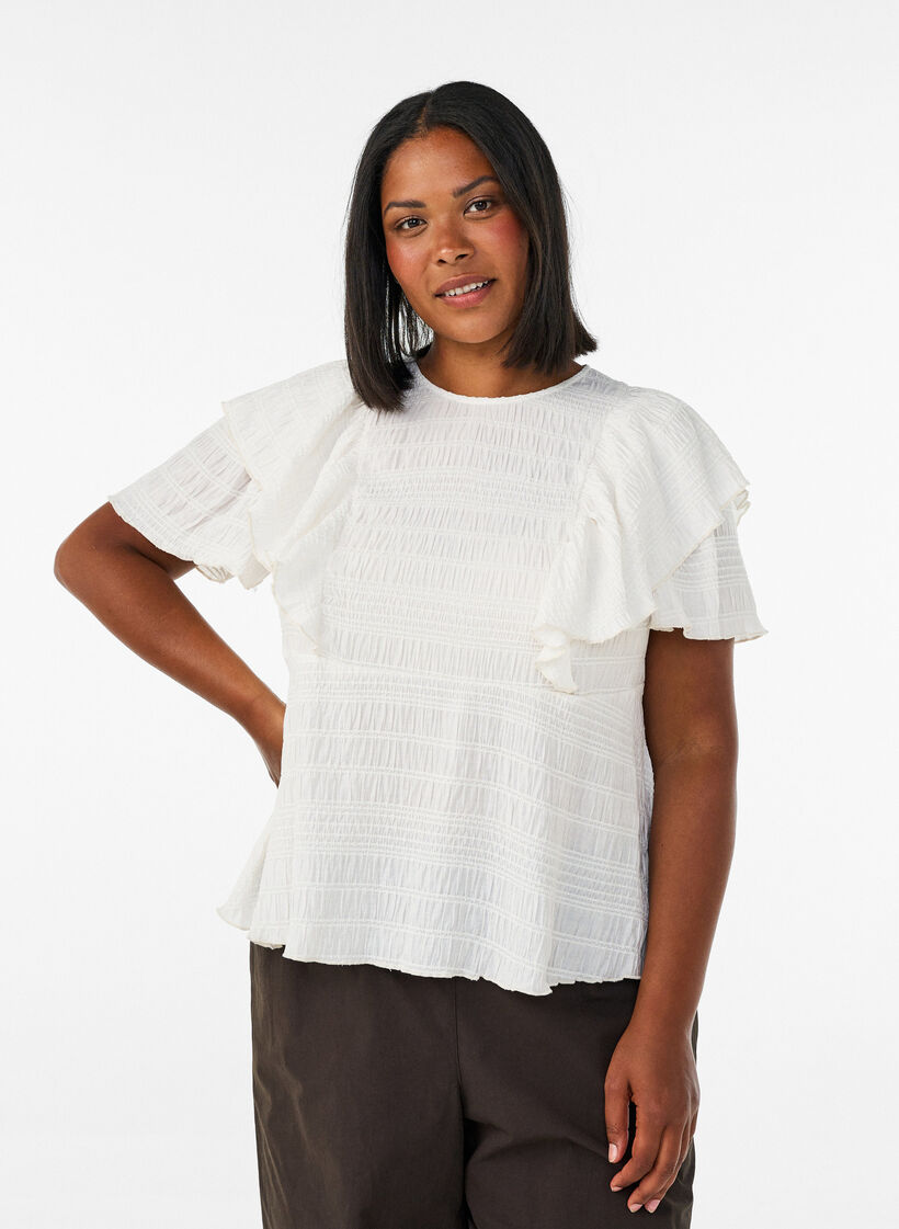 Bluse mit gesmokter Textur und R&uuml;schen&auml;rmeln, Vanille, Model image number 0