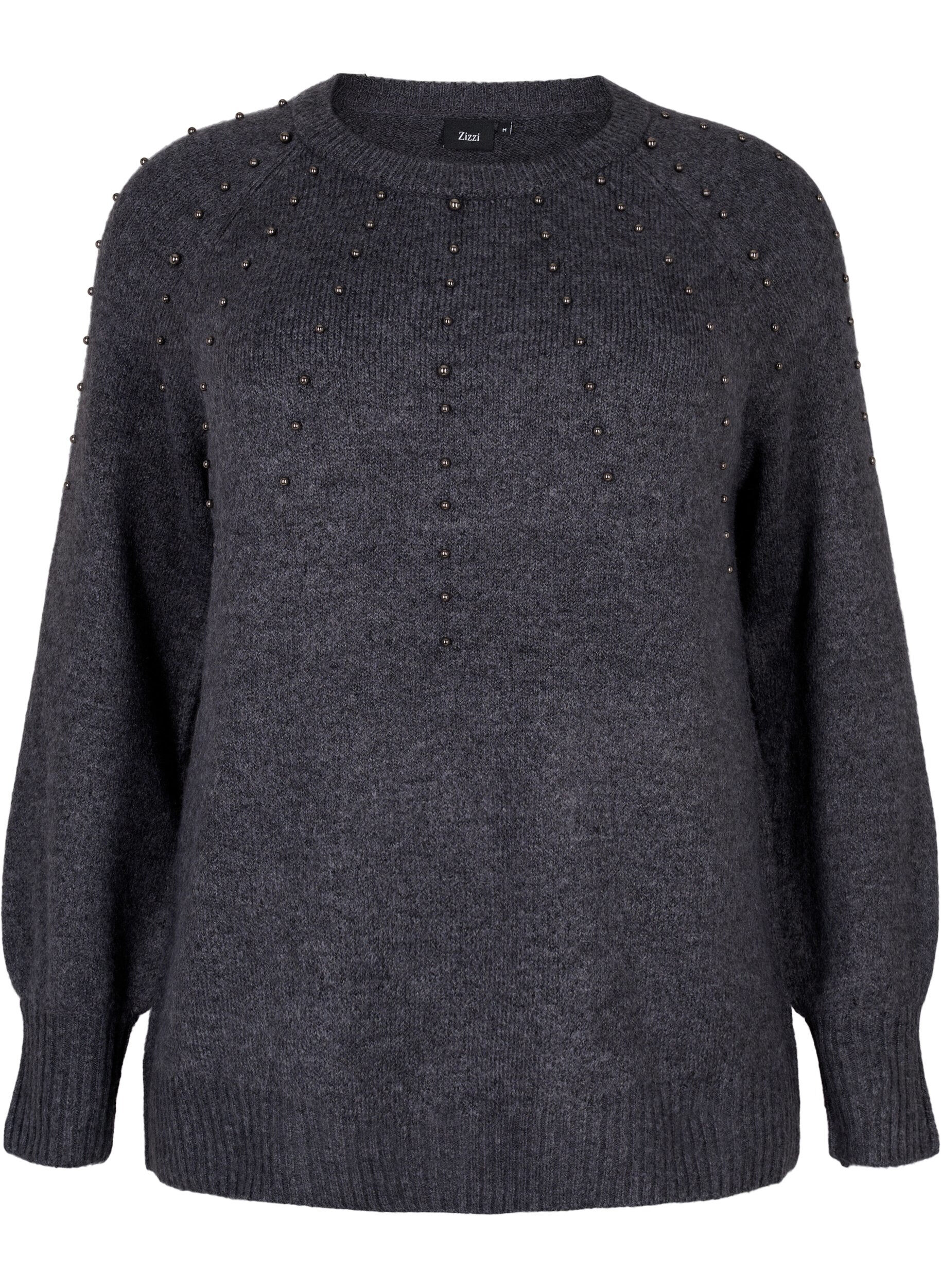 Zizzi	 Strickbluse mit Perlen, Dark Grey Melange, Packshot image number 0