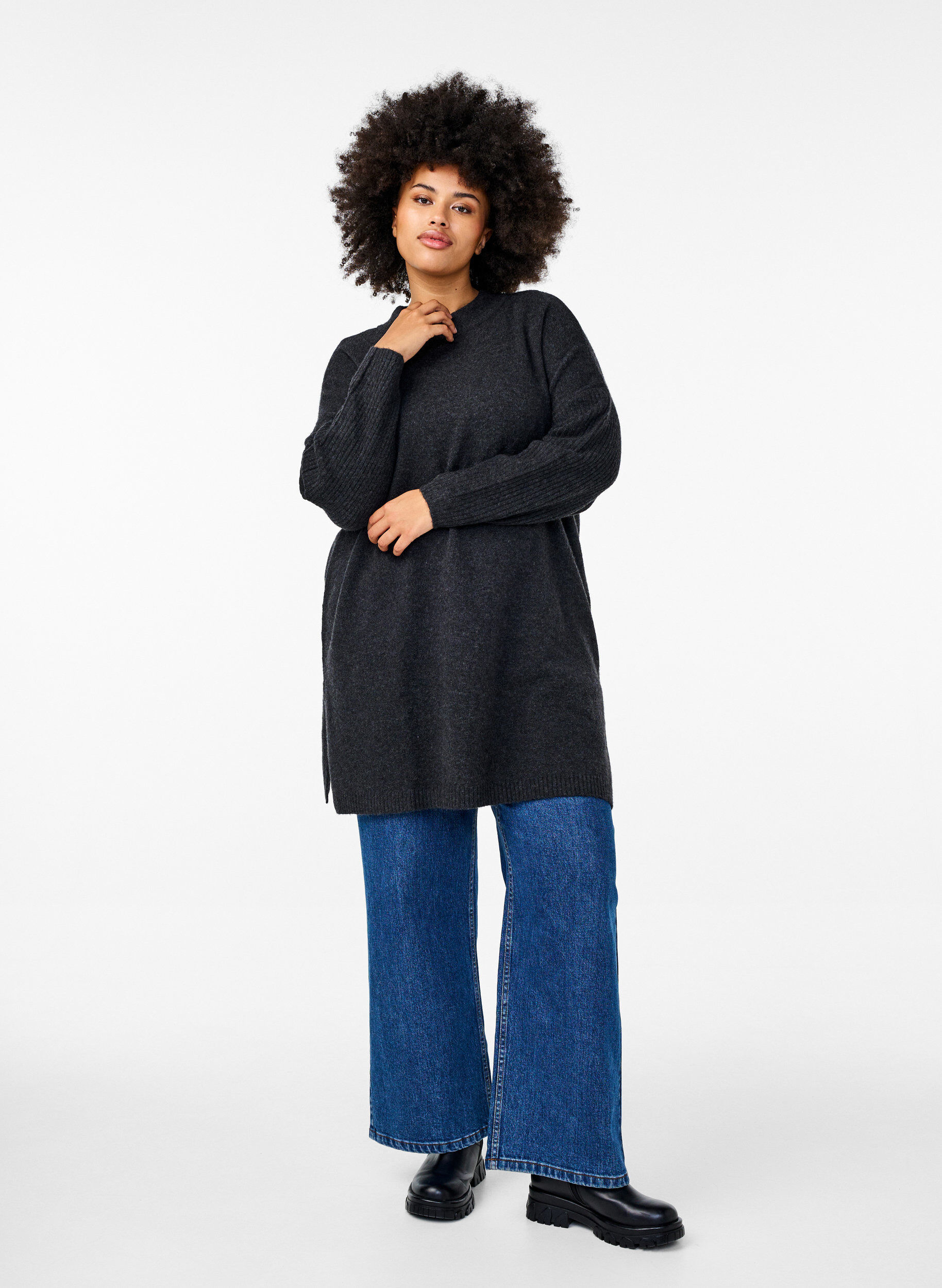 ZizziLange Strickbluse mit langen &Auml;rmeln, Dark Grey Melange, Model image number 2