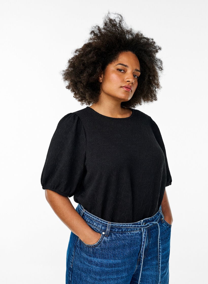 Strukturierte Bluse mit kurzen &Auml;rmeln, Schwarz, Model image number 0