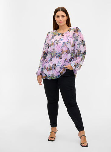 Bedruckte Bluse mit langen Ärmeln, Orchid Bouquet AOP, Model image number 3
