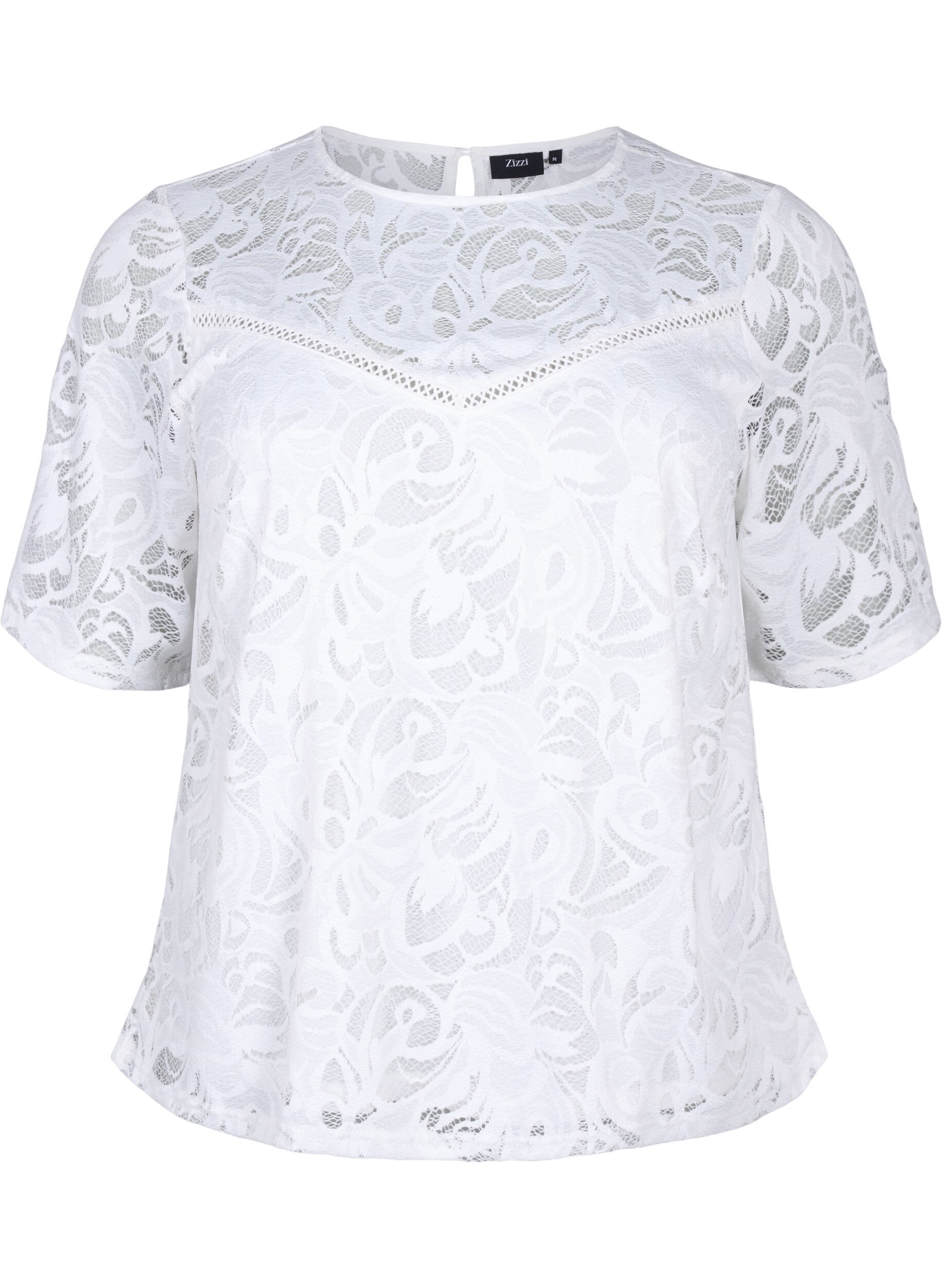 ZizziBluse mit Spitze und kurzen &Auml;rmeln, Bright White, Packshot image number 0
