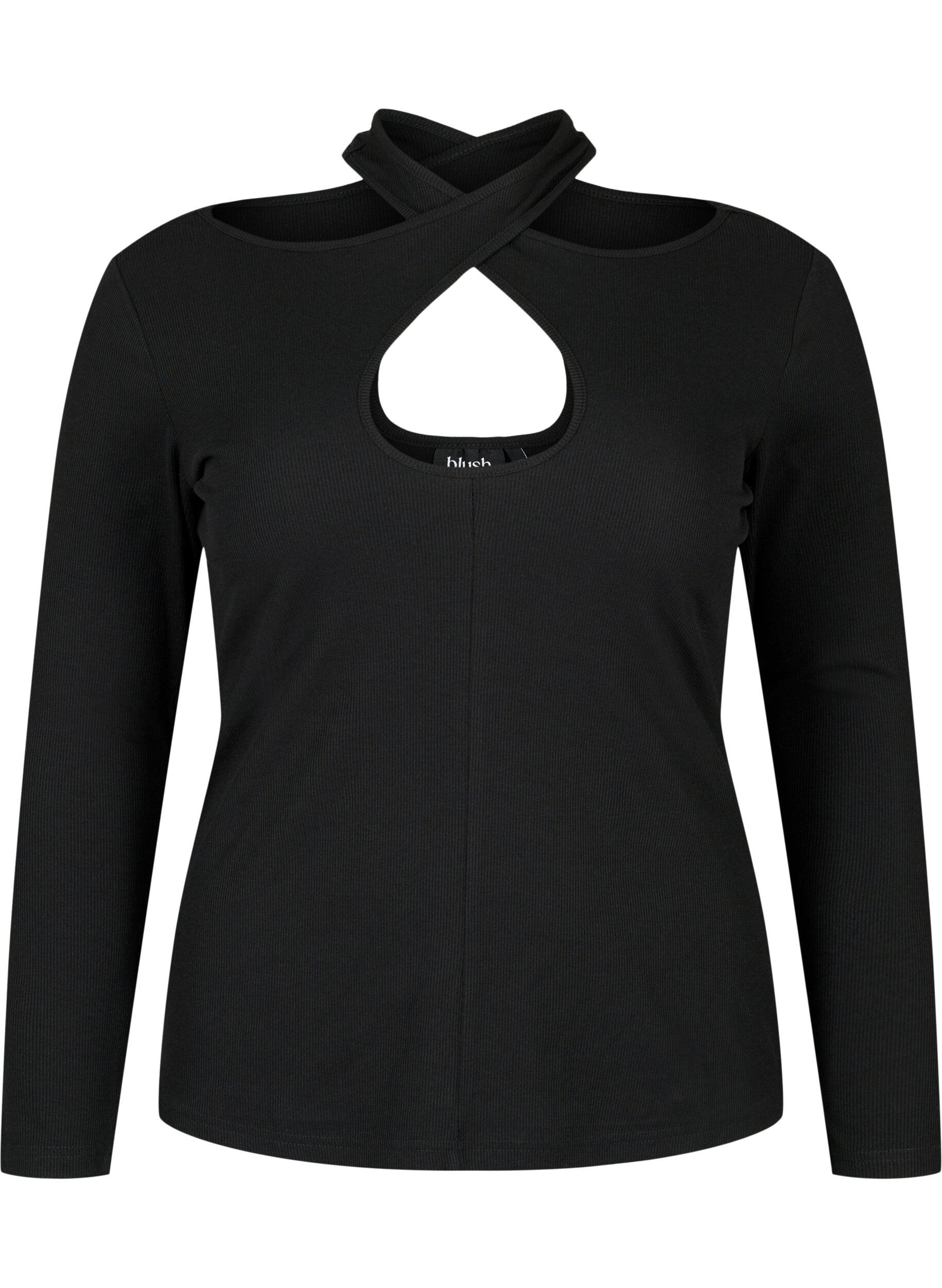 ZizziAusschnittbluse mit langen &Auml;rmeln, Black, Packshot image number 0