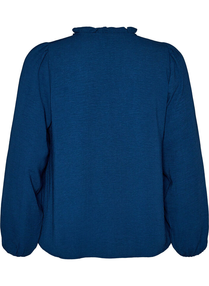 Bluse mit V-Ausschnitt und H&auml;kelband, Blau, Packshot image number 1