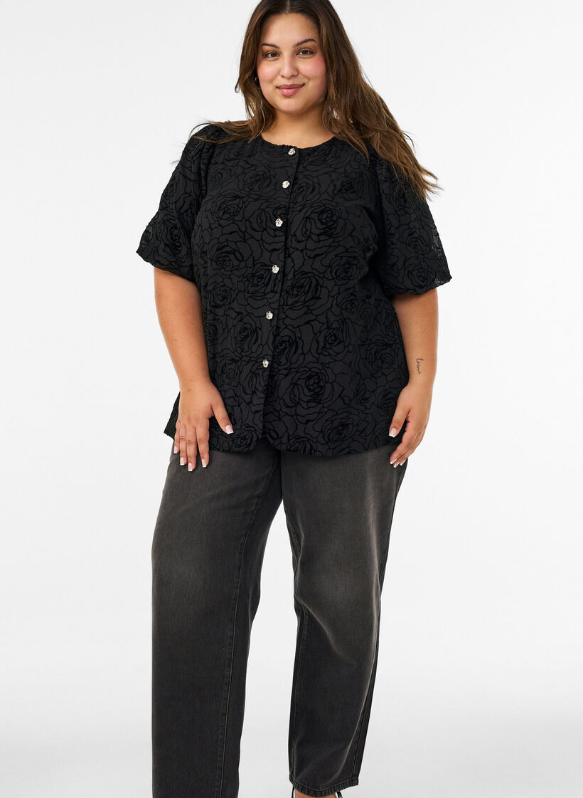 Gebl&uuml;mte Bluse mit Ballon&auml;rmeln, Schwarz, Model image number 1