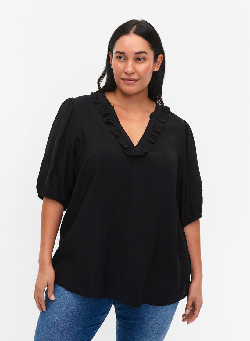Viskosebluse mit Puffärmeln und Rüschen, Black, Model image number 0