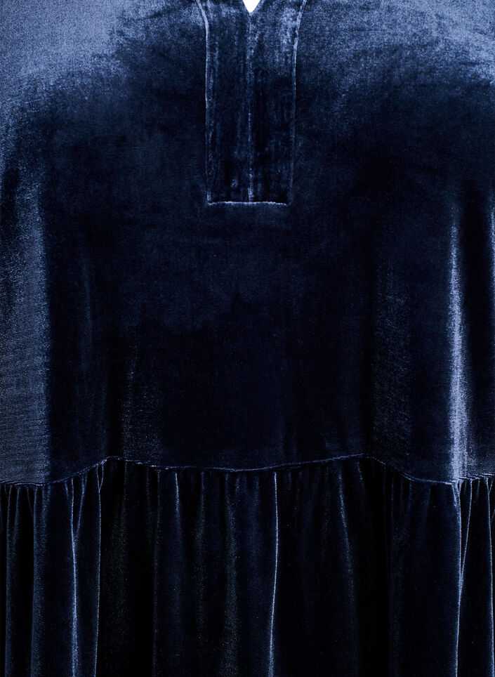 Kurzes Kleid aus Velours mit R&uuml;schenkragen und langen &Auml;rmeln, Blau, Packshot image number 2
