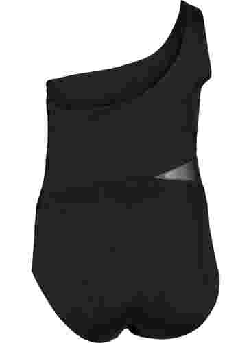 One-Shoulder-Badeanzug mit Mesh, Black, Packshot image number 1