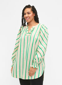 Gestreifte Tunika aus Baumwolle mit Smok und Rüschen, Beige Green Stripe, Model