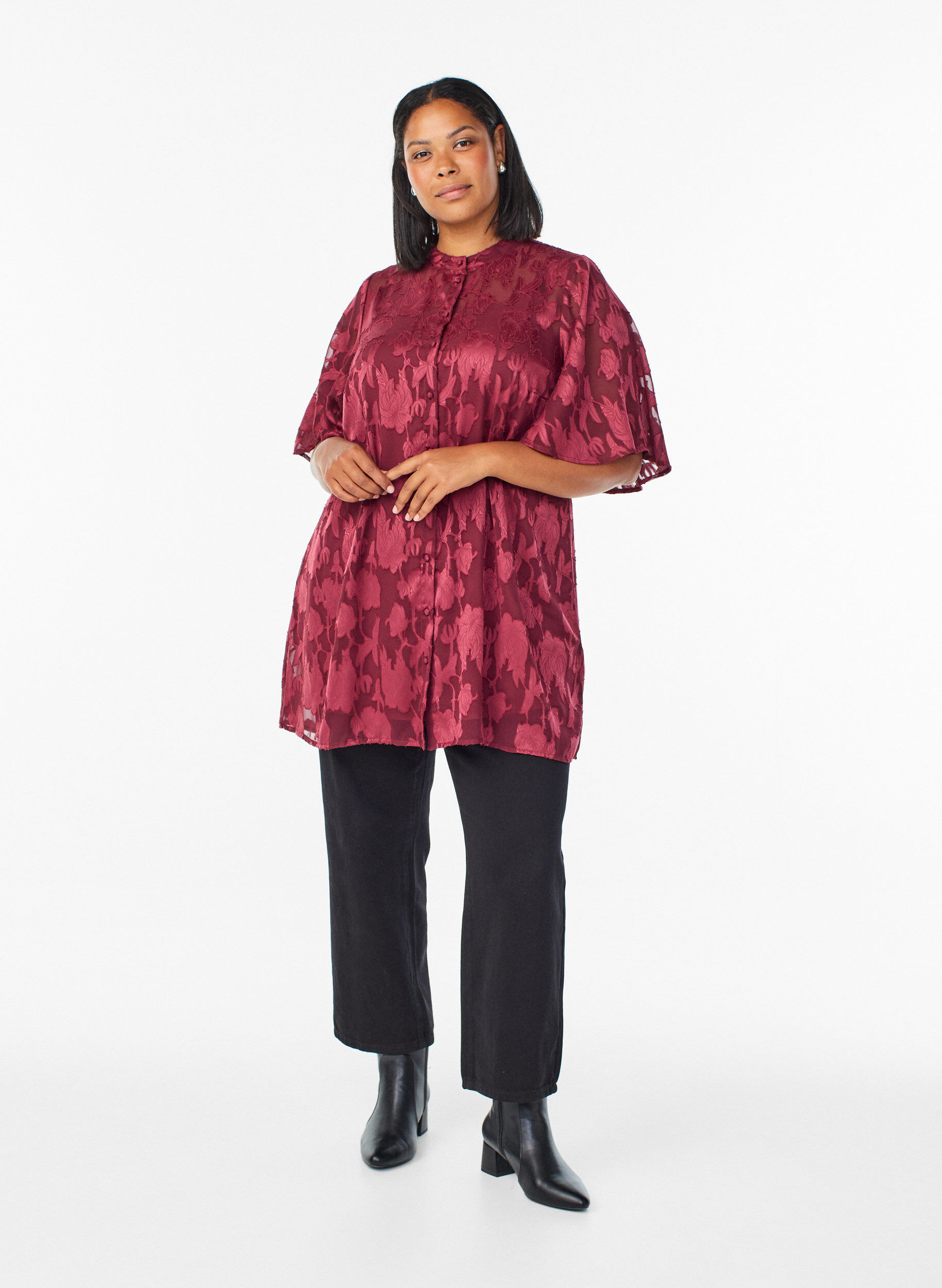 ZizziKurzes A-Linien-Kleid mit Blumenmuster, Dunkles Bordeaux, Model image number 1