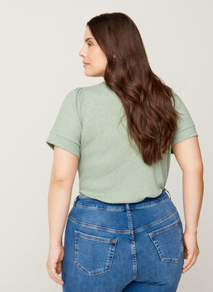 Kurzarm Ripp T-Shirt aus Viskosemischung, Lily Pad, Model image number 1