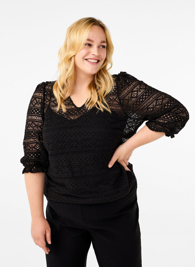 Bluse mit Lochmuster und 3/4-Ärmeln, Schwarz, Model image number 0