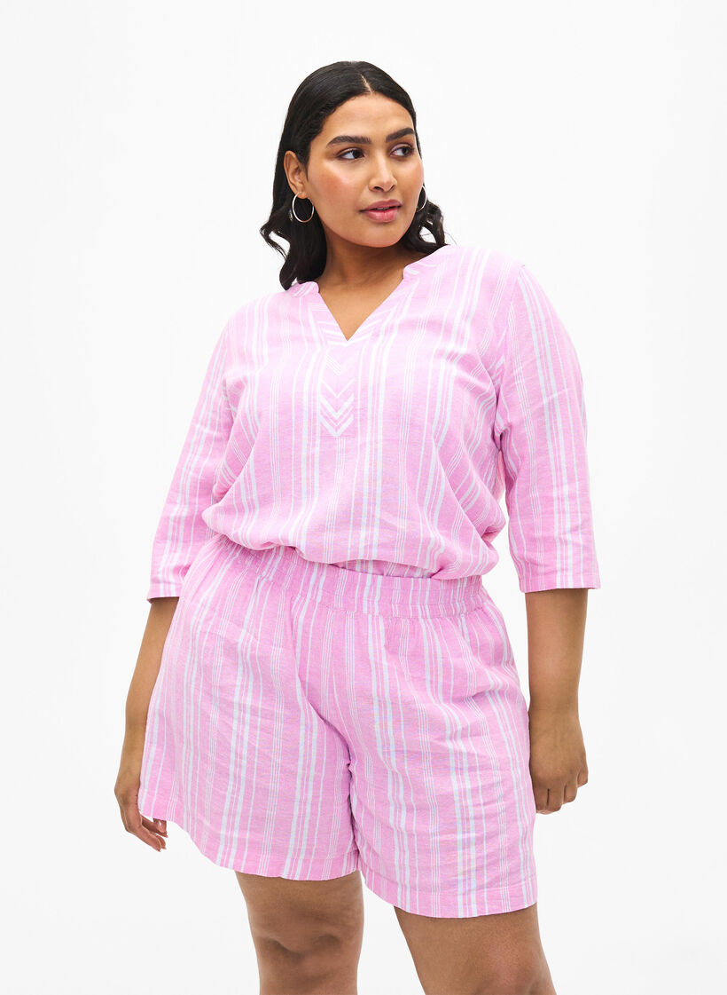 Gestreifte kurze Hose aus einer Leinen-Viskose-Mischung, Pink, Model image number 0