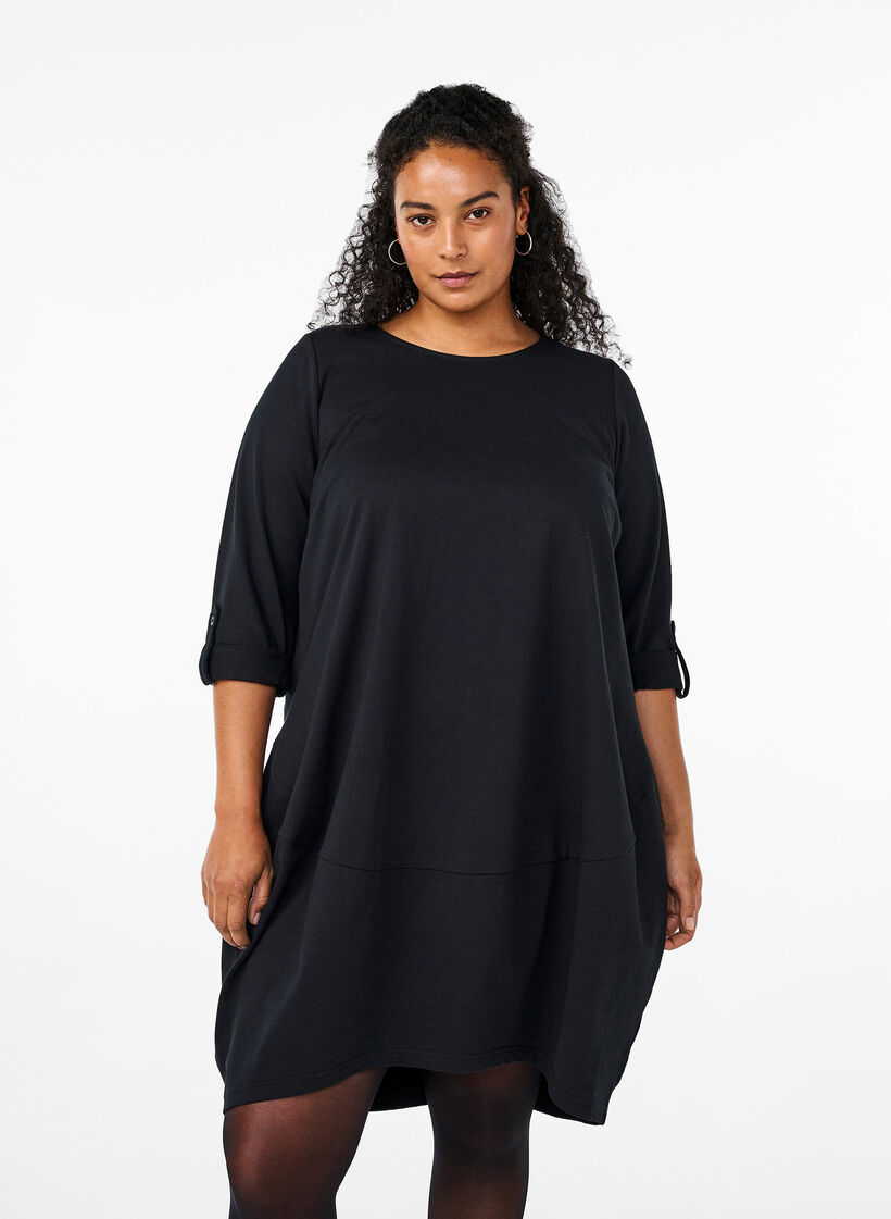Baumwollkleid mit Ballon-Passform, Schwarz, Model image number 0
