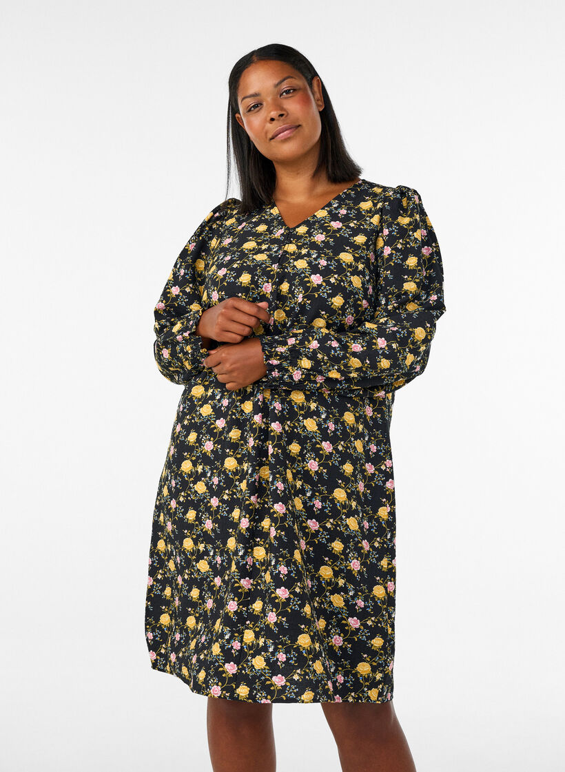 Gemustertes Kleid aus Viskose mit langen &Auml;rmeln, Schwarz, Model image number 0